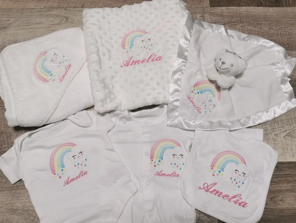 Personalised white rainbow baby set