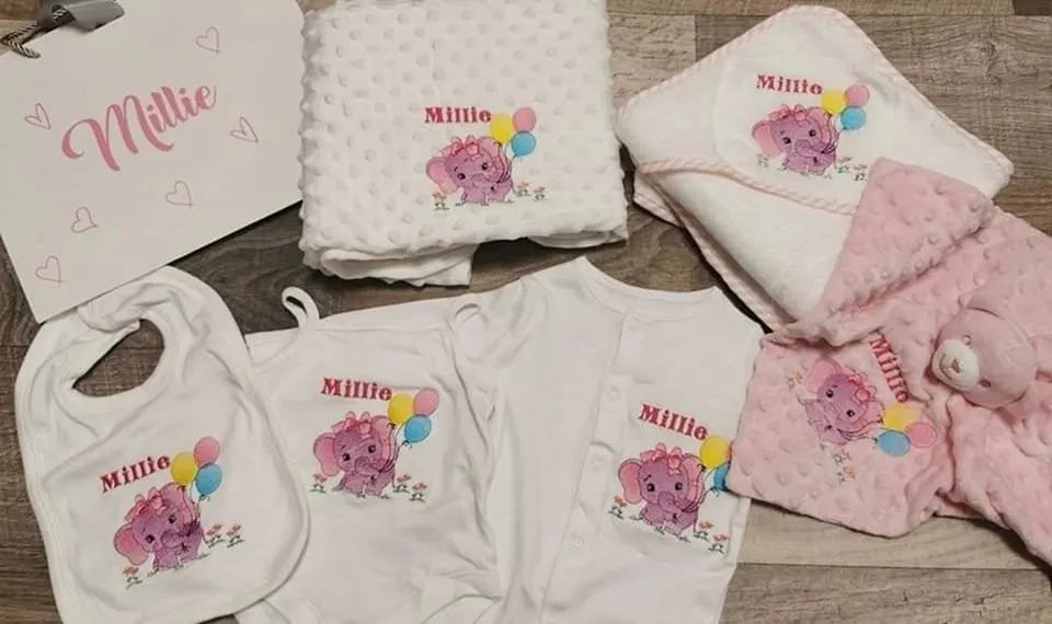 White/ pink personalised elephant baby set