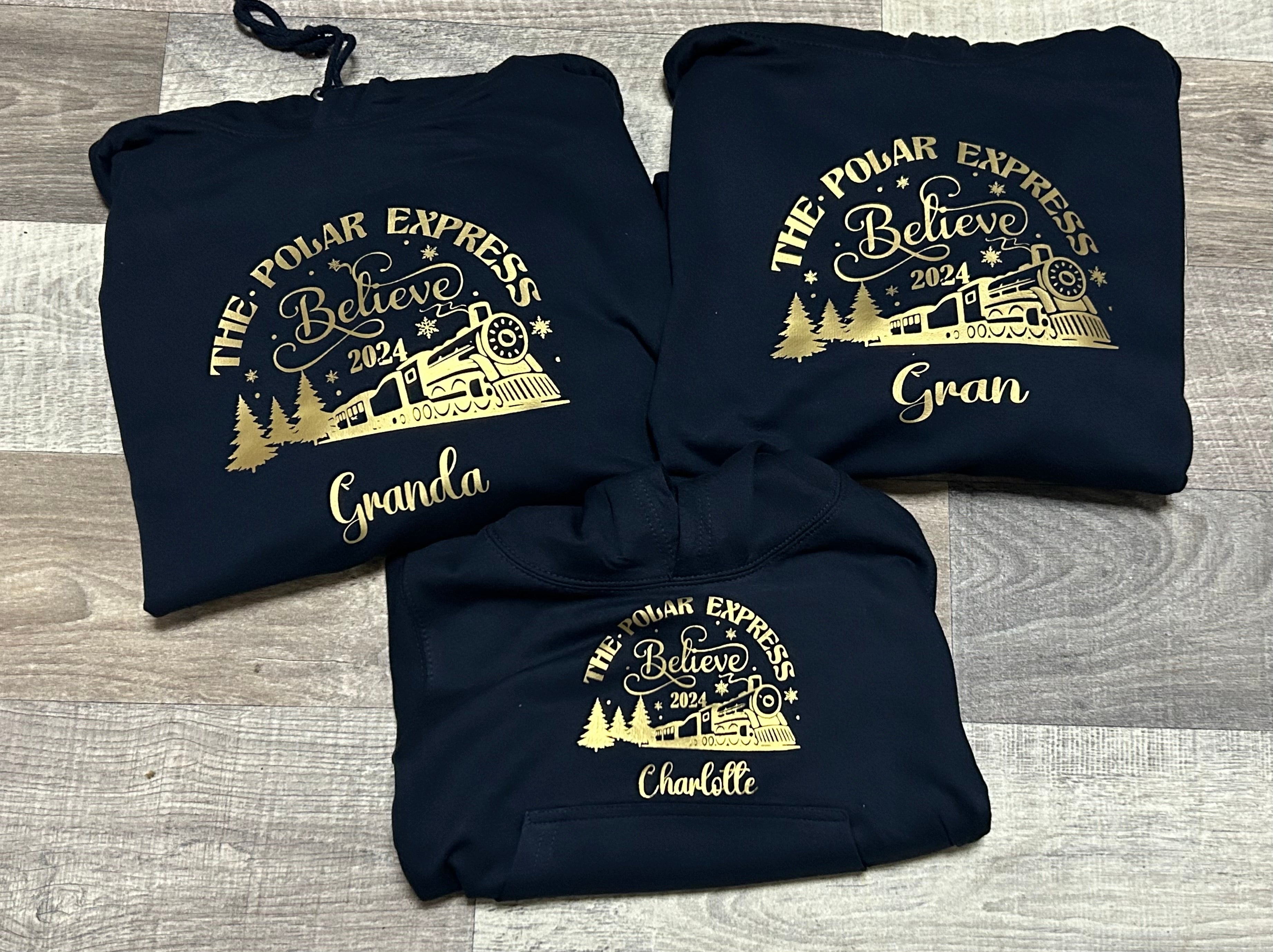 Navy and gold polar express hoodies