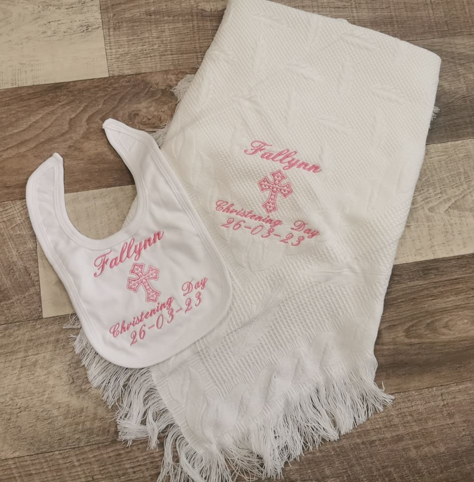 Personalised christening shawl and bib set