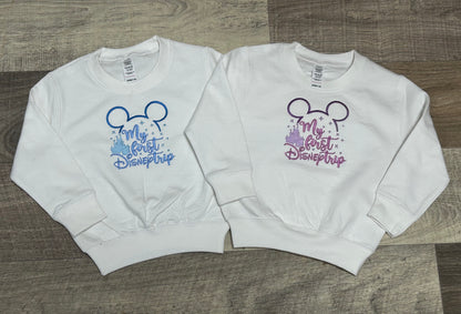 White embroidered first disney trip sweatshirt