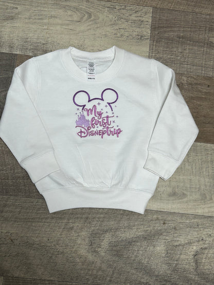 White embroidered first disney trip sweatshirt